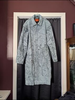 WHO DECIDES WAR Skeleton Angel Embroidered Blue Denim Mens Trench Coat M